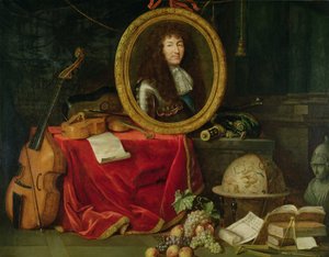 Stilleven met portret van koning Lodewijk XIV (1638-1715) omringd door muziekinstrumenten, bloemen en fruit, 1672